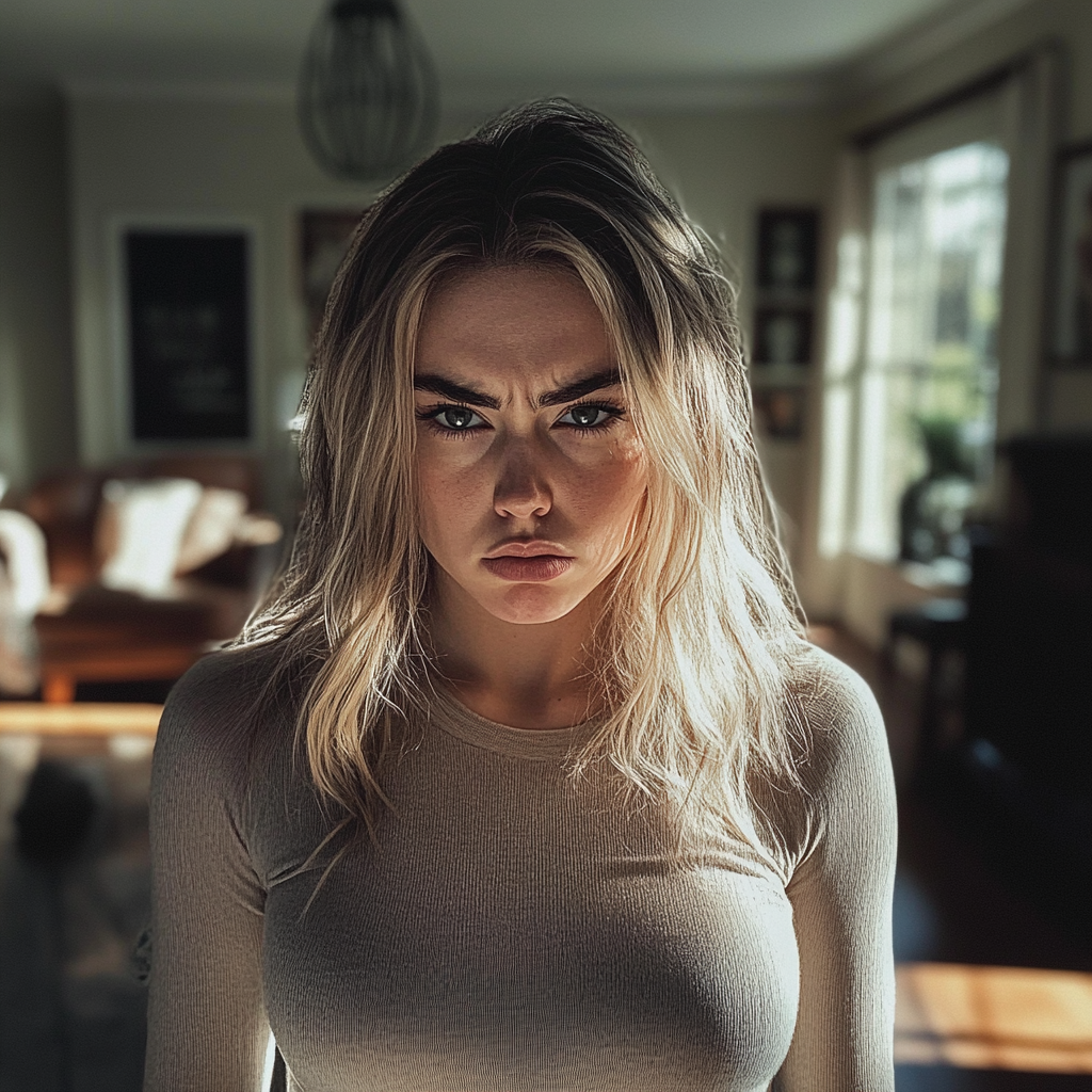 Μία γυναίκα θυμωμένη στο σαλόνι της | Πηγή: Midjourney